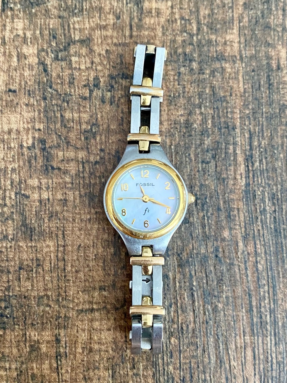 Vintage Fossil F2 ES-9476 Two-Tone Silver and Gold Women's Bracelet Watch